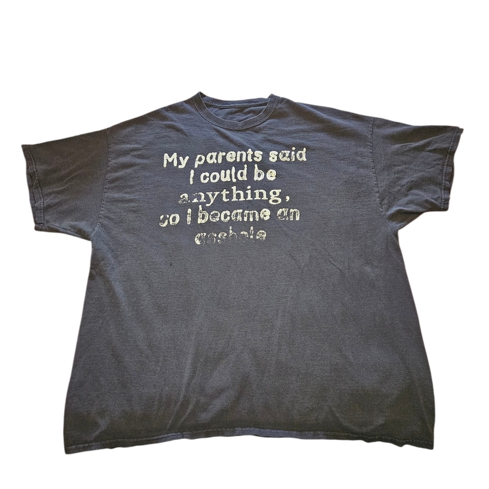 Large Mens Funny Gray Graphic T-Shirt, Distressed, Used.